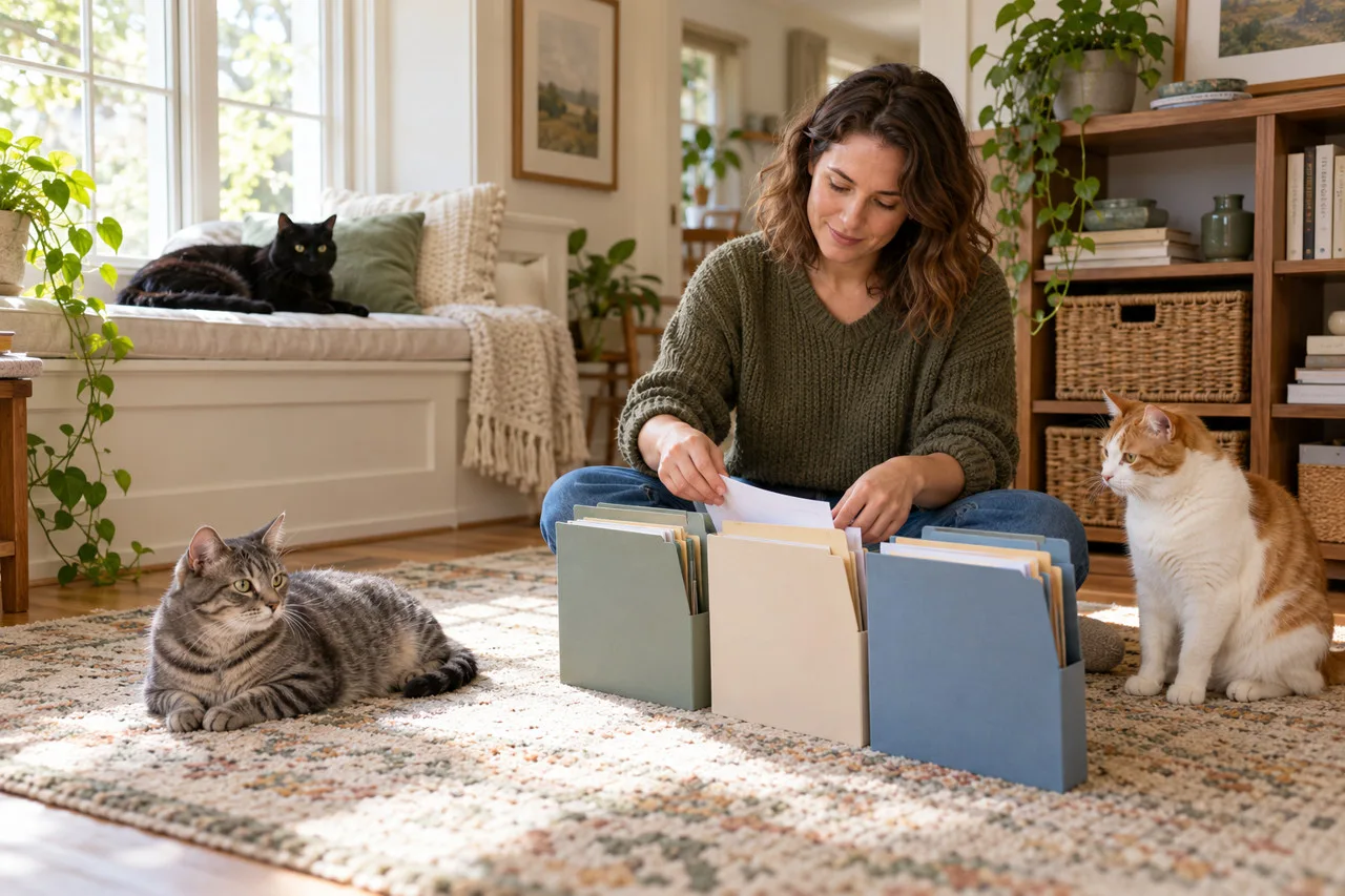 An owner organizing labeled folders with three cats nearby